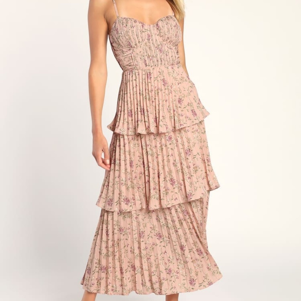 Cascading Crush Pink Floral Print Tiered Bustier Midi Dress